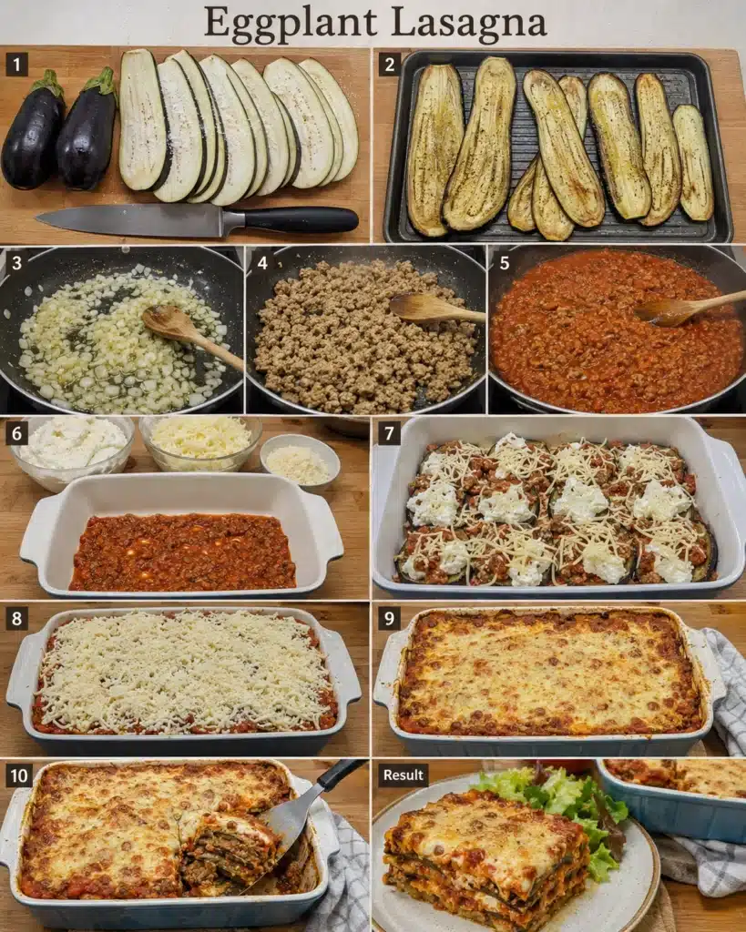 Step by step preparation of eggplant lasagna from slicing to baking and final serving
