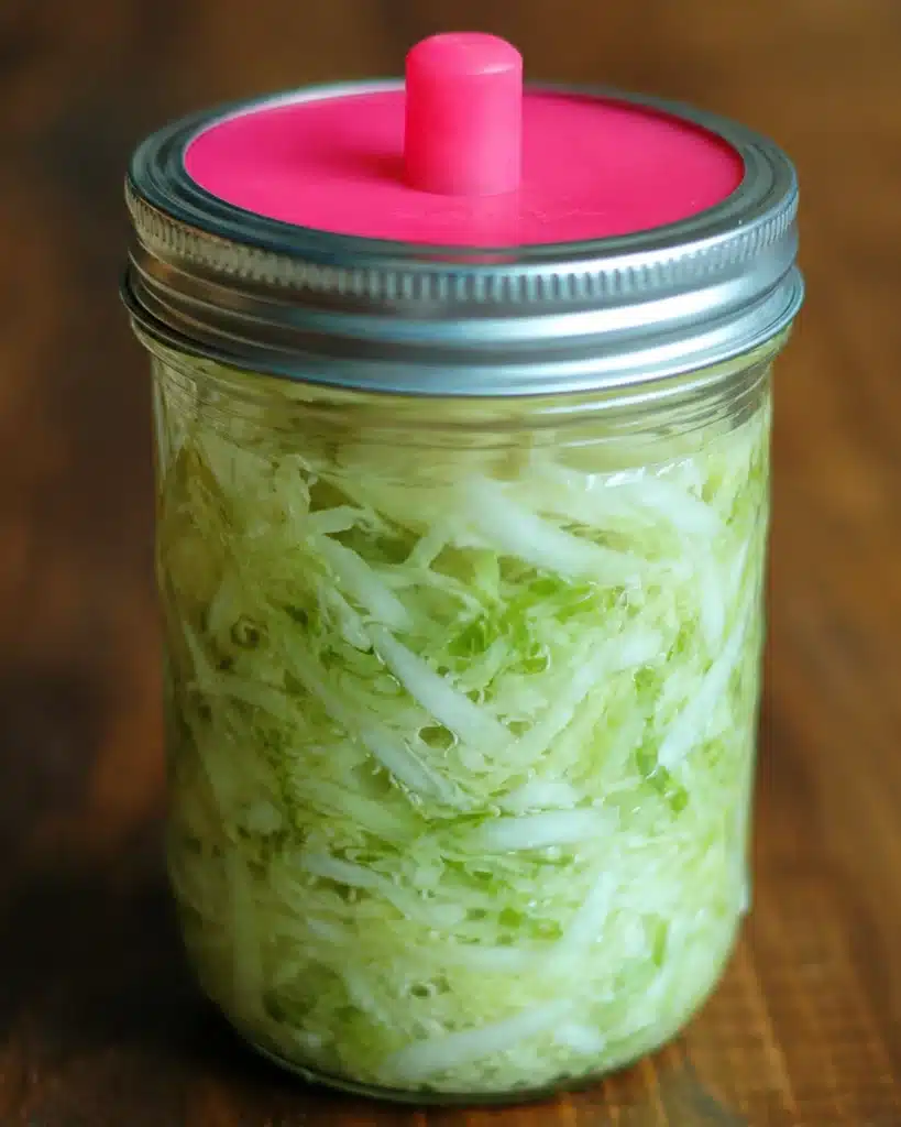 glass jar filled with shredded cabbage sealed with a fermentation lid on a wooden surface