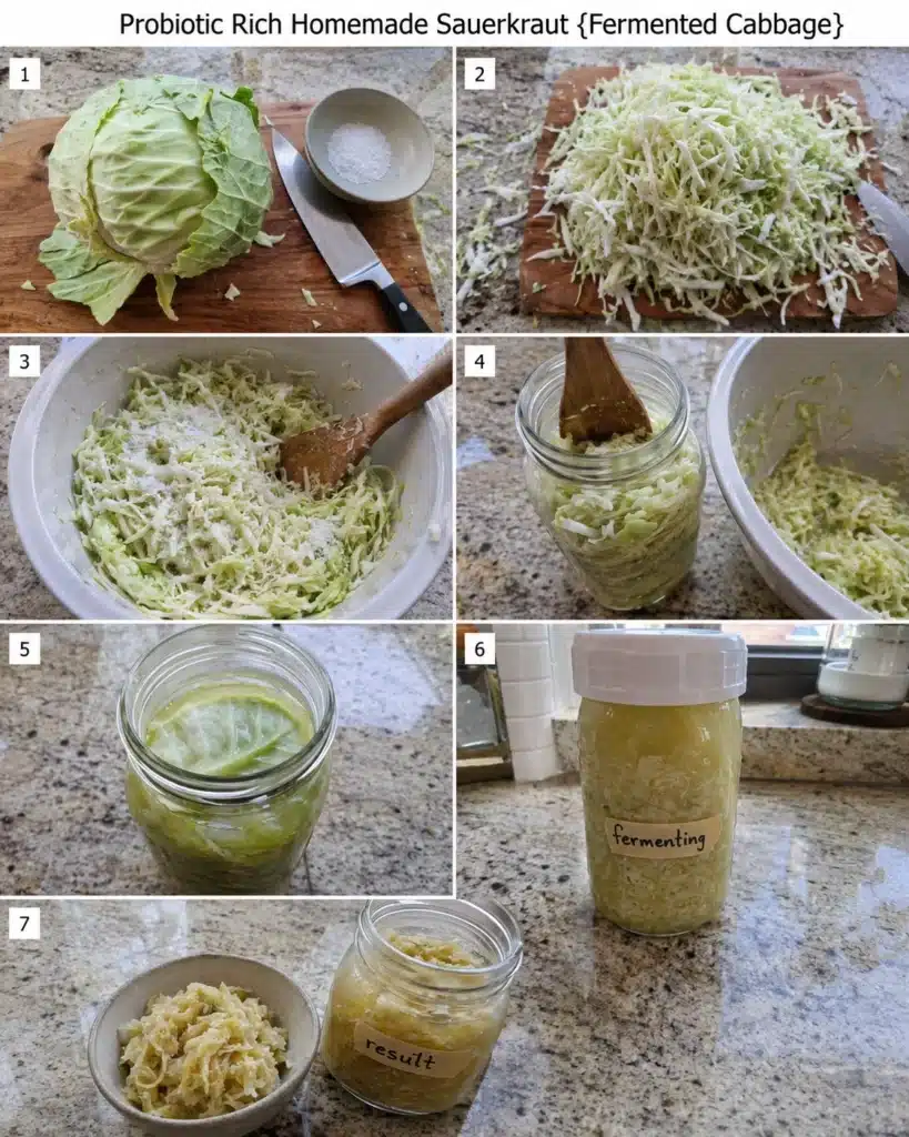 tep by step collage showing cabbage preparation slicing salting and fermenting in jars