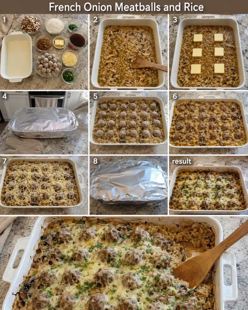 Step by step preparation of meatball mushroom rice casserole with ingredients and baking process