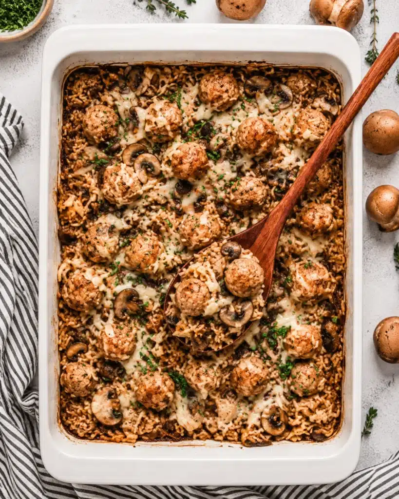 Baked meatball and mushroom rice casserole topped with melted cheese and fresh herbs in a white dish
