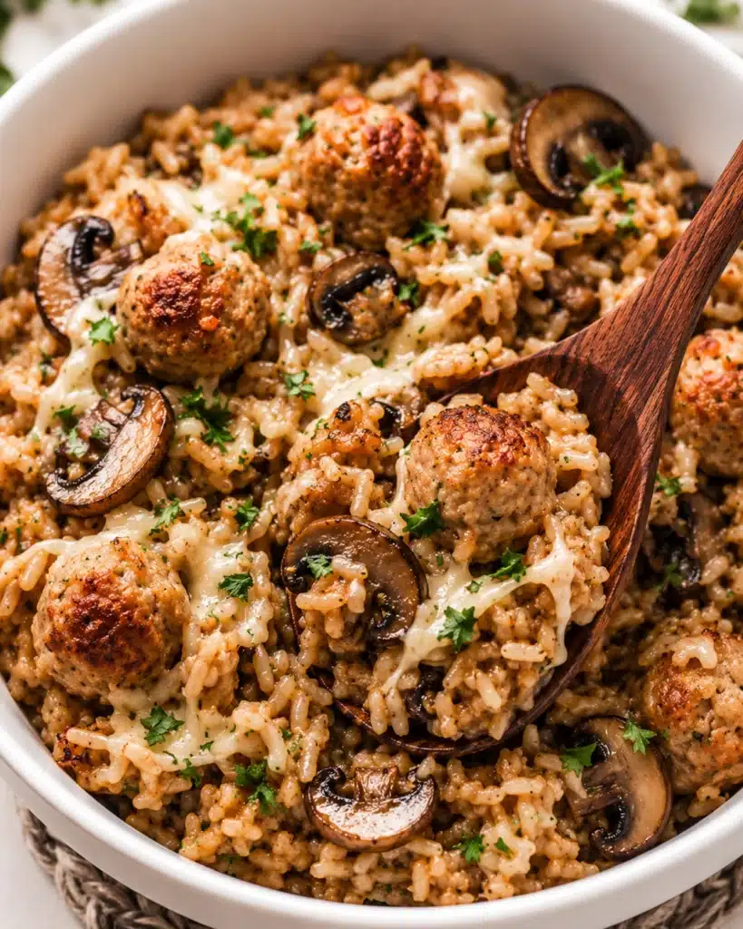 Close up of creamy mushroom rice with golden meatballs and melted cheese in a white bowl