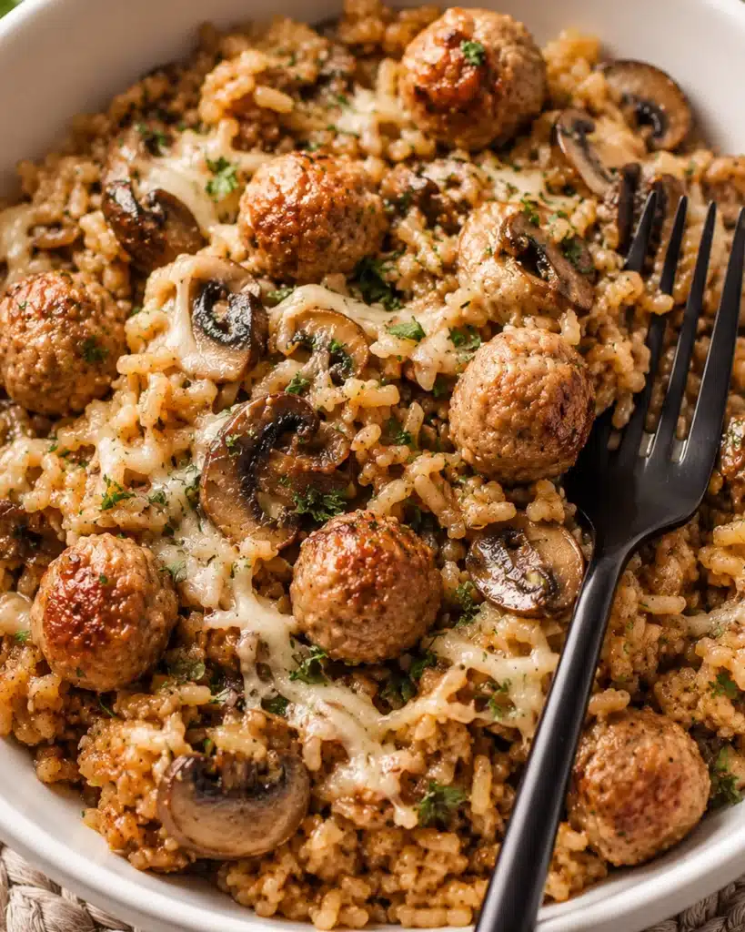 Cheesy rice with mushrooms and browned meatballs served in a bowl with fork
