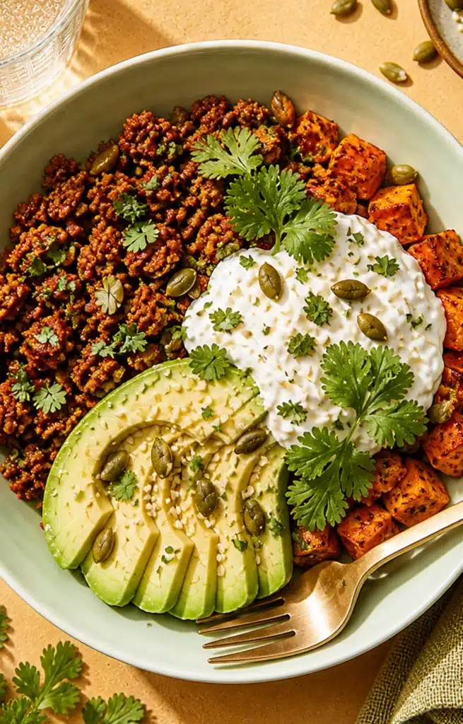 Bowl with seasoned ground meat, roasted sweet potatoes, avocado slices and creamy cottage cheese topped with herbs and seeds