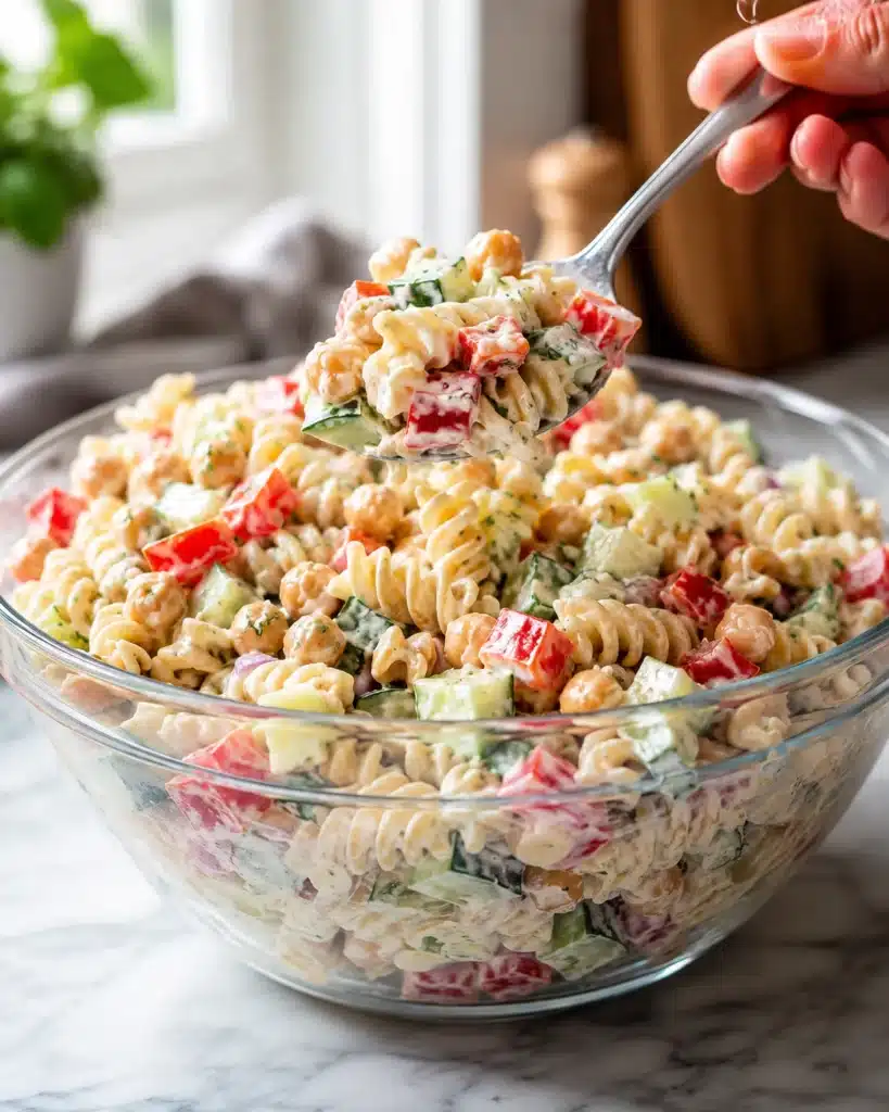 Spoon lifting a bite of creamy pasta salad with chickpeas and vegetables from a glass bowl