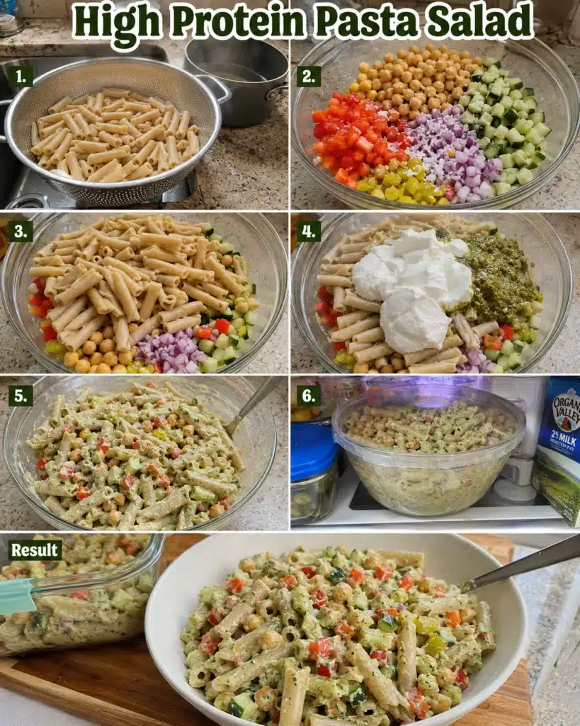Step by step process of preparing pasta salad with chopped vegetables and creamy dressing