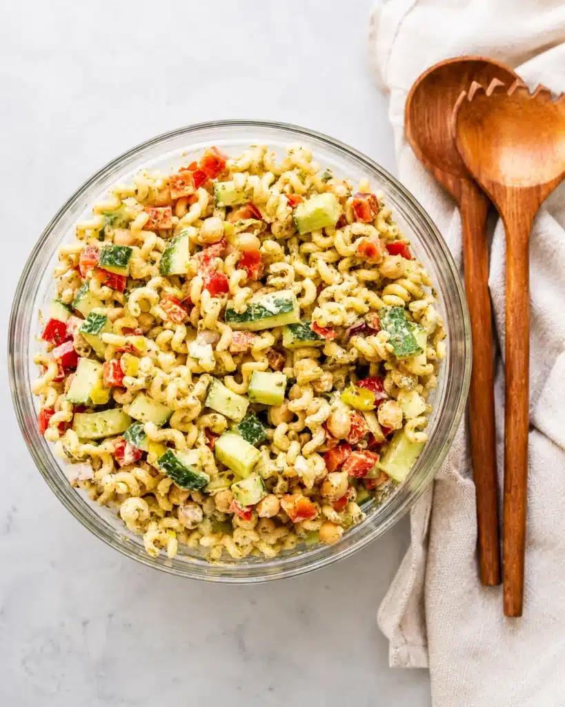 Bowl of pasta salad with cucumber and chickpeas next to wooden serving spoons on a marble surface