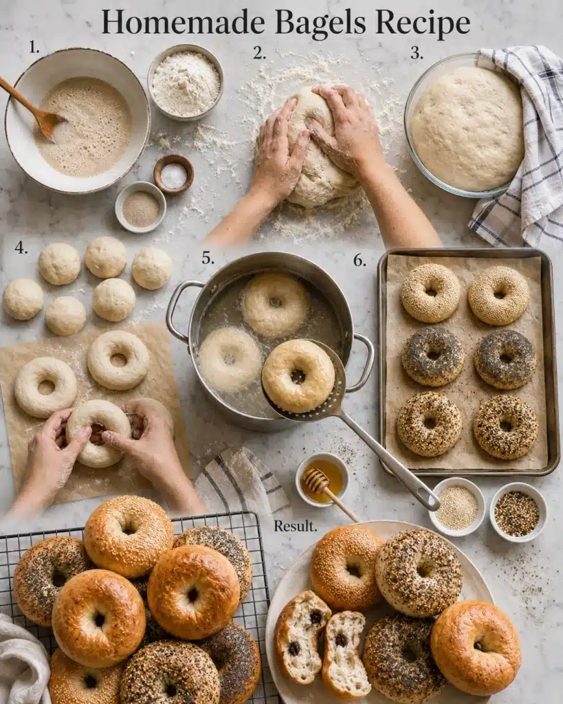 Hands shaping dough and boiling bagels followed by baked bagels arranged on trays