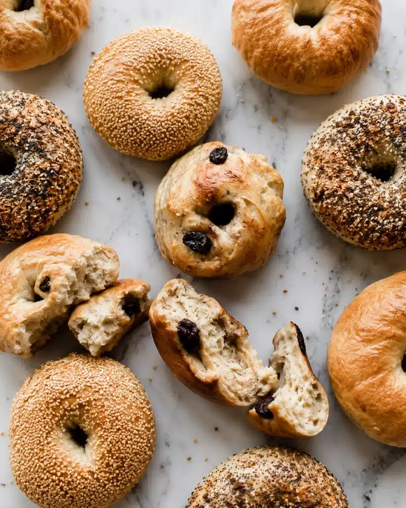 Homemade bagels on marble surface including sesame and raisin bagels with some broken open