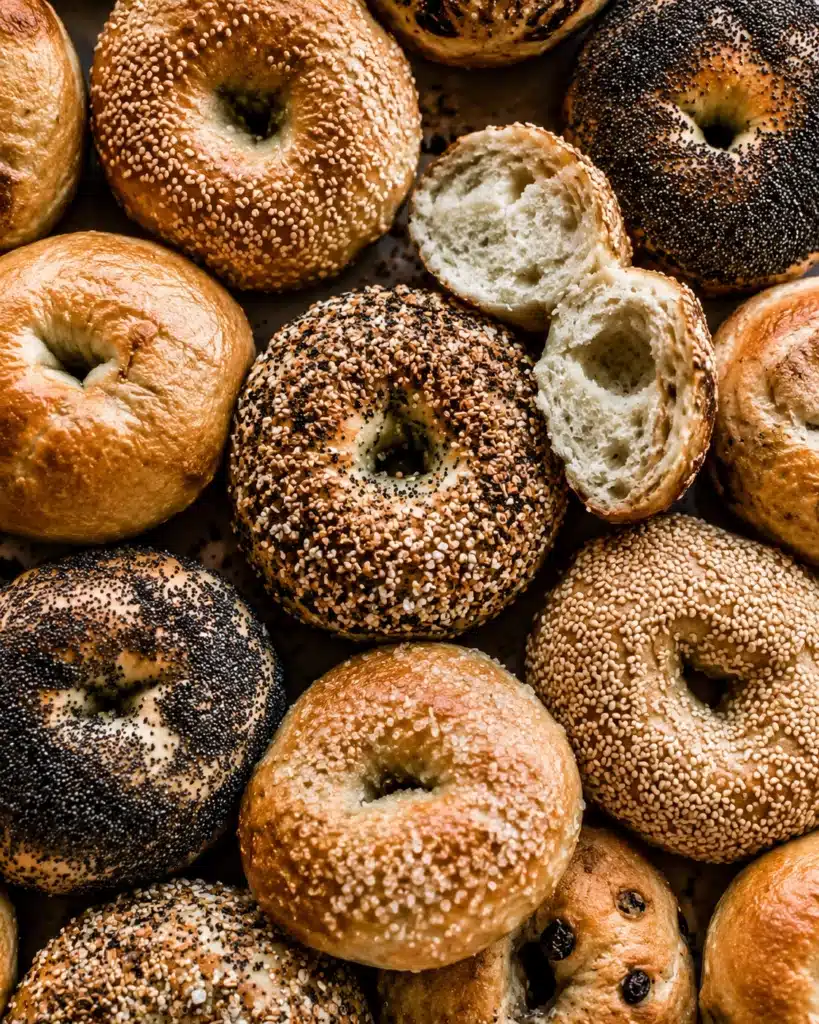 Variety of golden bagels with sesame seeds, poppy seeds, and everything seasoning arranged together