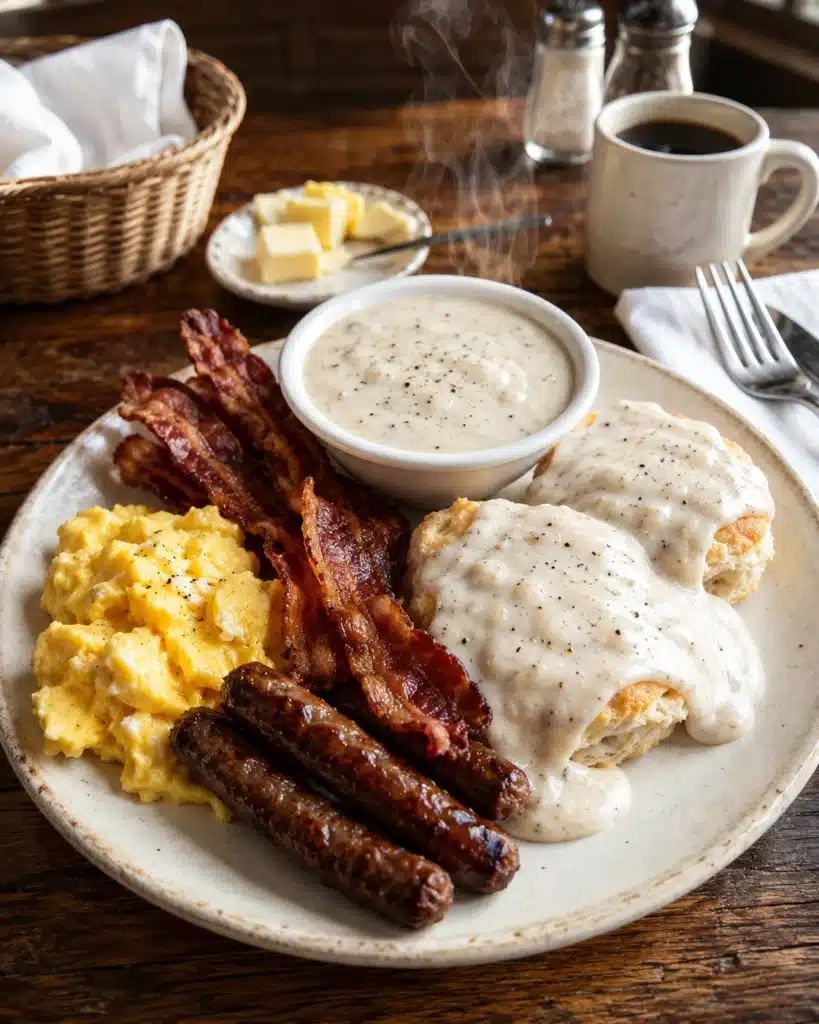 Rustic breakfast with gravy bowl biscuits eggs bacon and sausage on wooden table