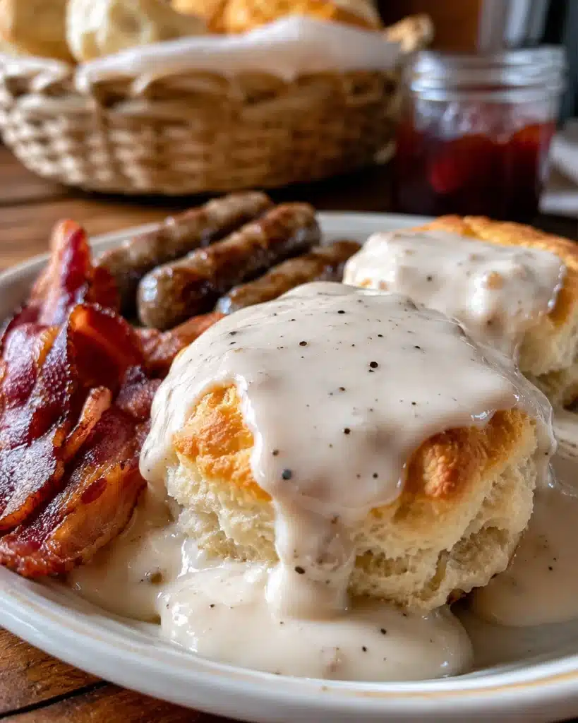 Close up biscuit with creamy gravy dripping on plate with bacon and sausage