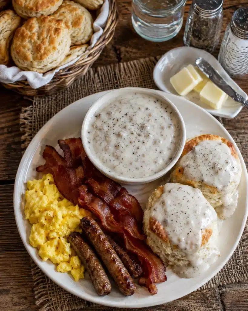 Southern style breakfast plate with biscuits gravy eggs and crispy beef bacon