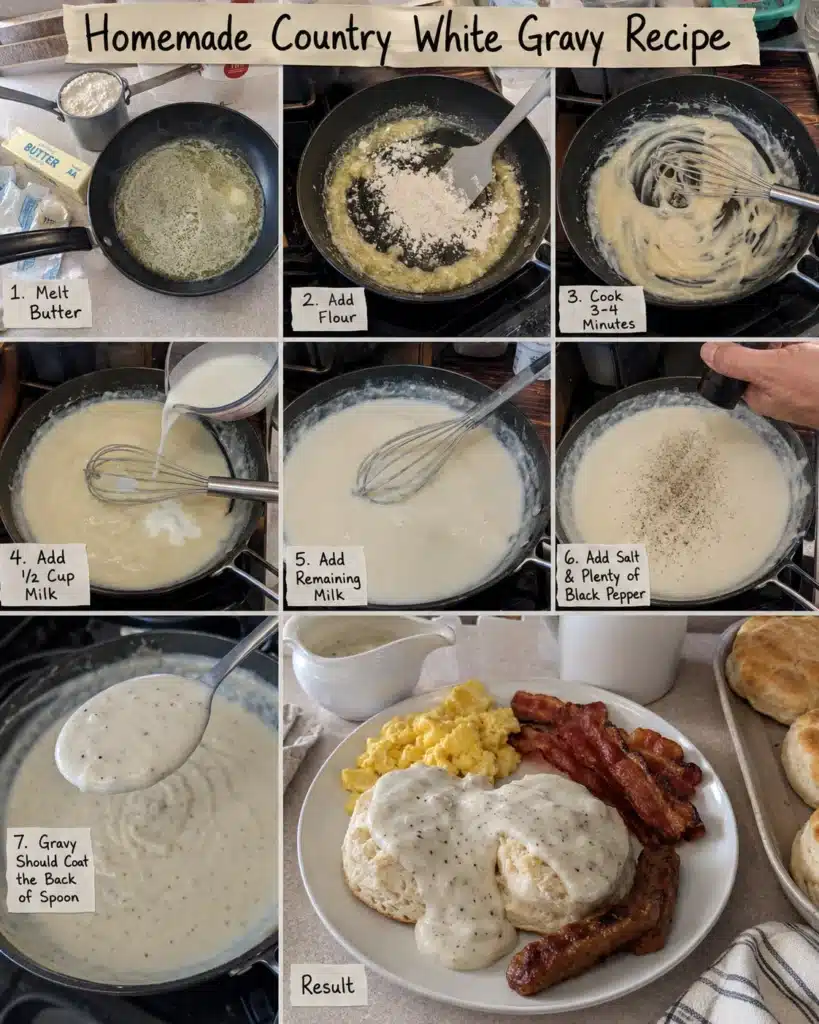 Step by step process of making creamy gravy in a skillet with butter flour and milk