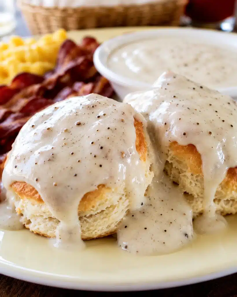 Close up of fluffy biscuits covered in thick creamy gravy with black pepper