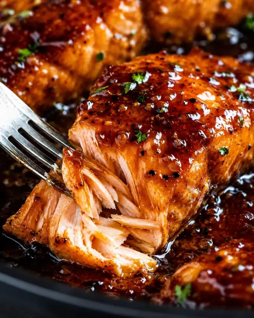 Macro view of glazed salmon with fork pulling apart soft layers and sauce pooling in pan