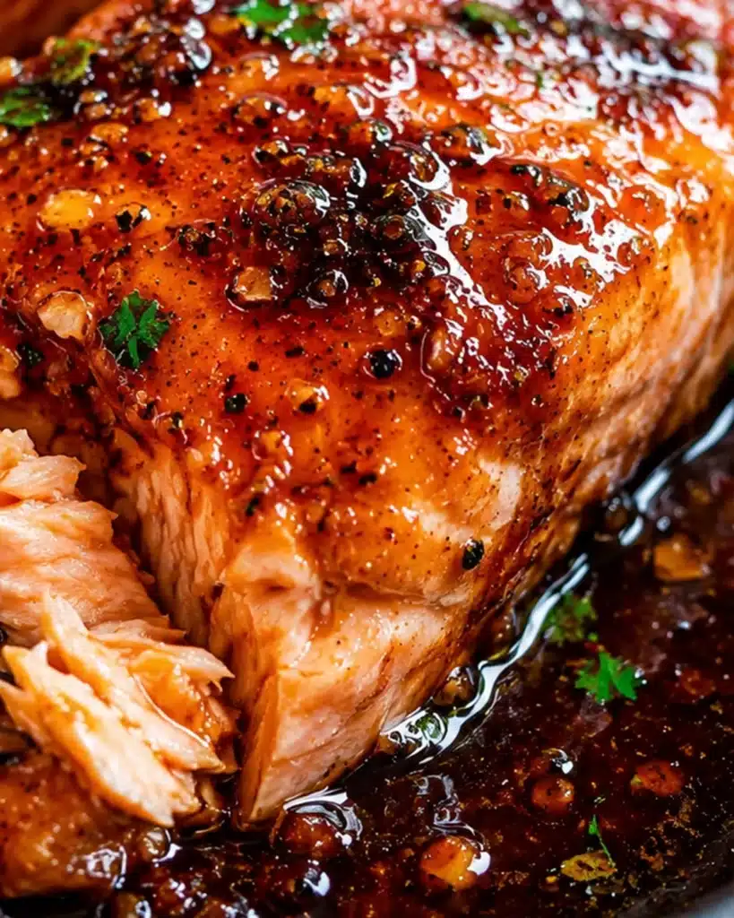 Close up of salmon fillet coated in thick garlic sauce with herbs and pepper seasoning