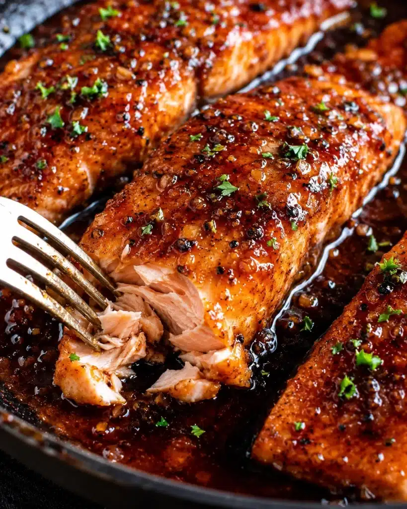 Fork cutting into tender salmon fillet with caramelized glaze and visible flaky texture