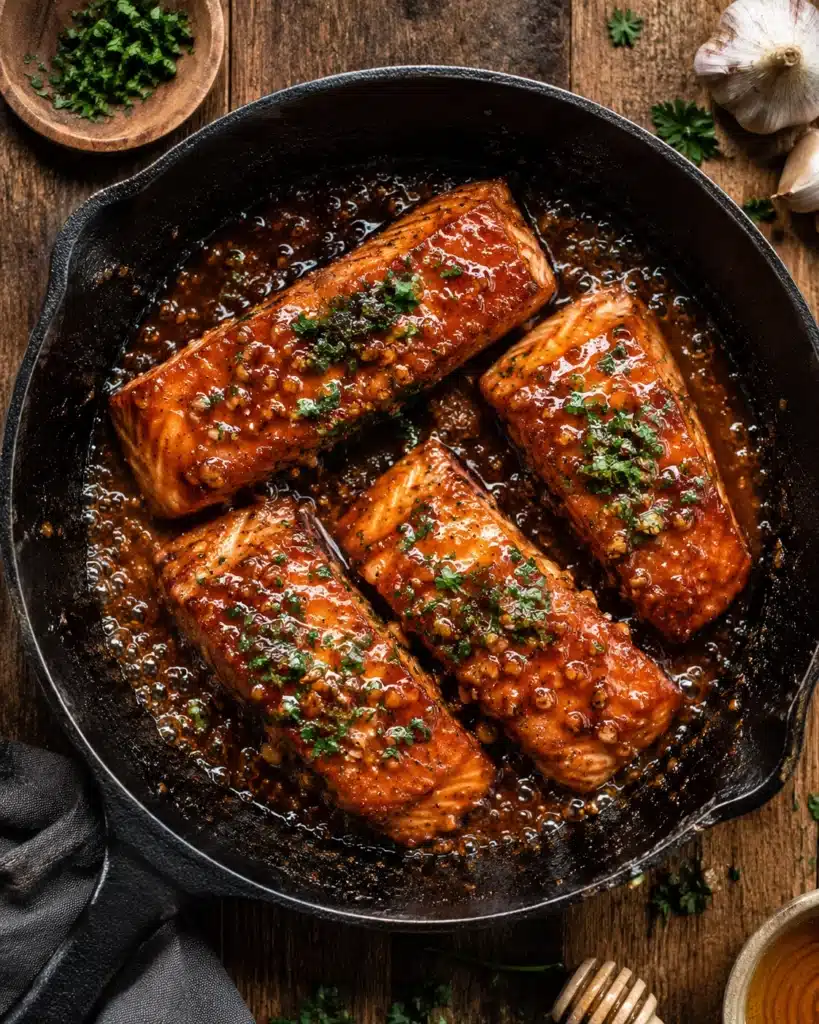 Top view of glazed salmon fillets cooking in a skillet with garlic sauce and fresh herbs