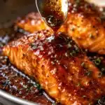 Close up of sauce being spooned over salmon fillet in a pan with glossy finish