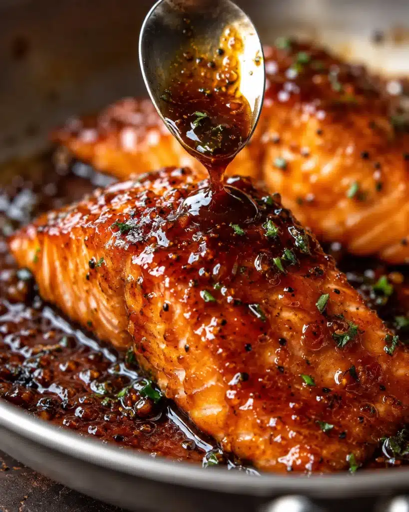 Close up of sauce being spooned over salmon fillet in a pan with glossy finish