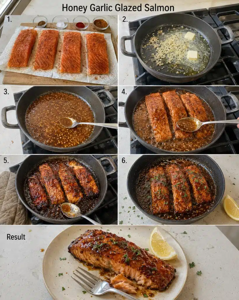 Step by step process of cooking salmon with garlic sauce from raw fillets to finished dish