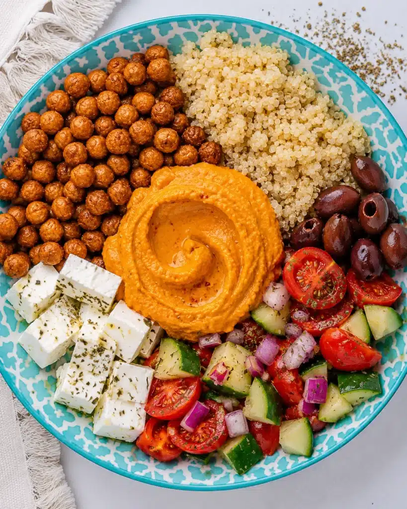 Close up of hummus, quinoa, chickpeas, feta, olives, and fresh vegetable salad in a patterned bowl