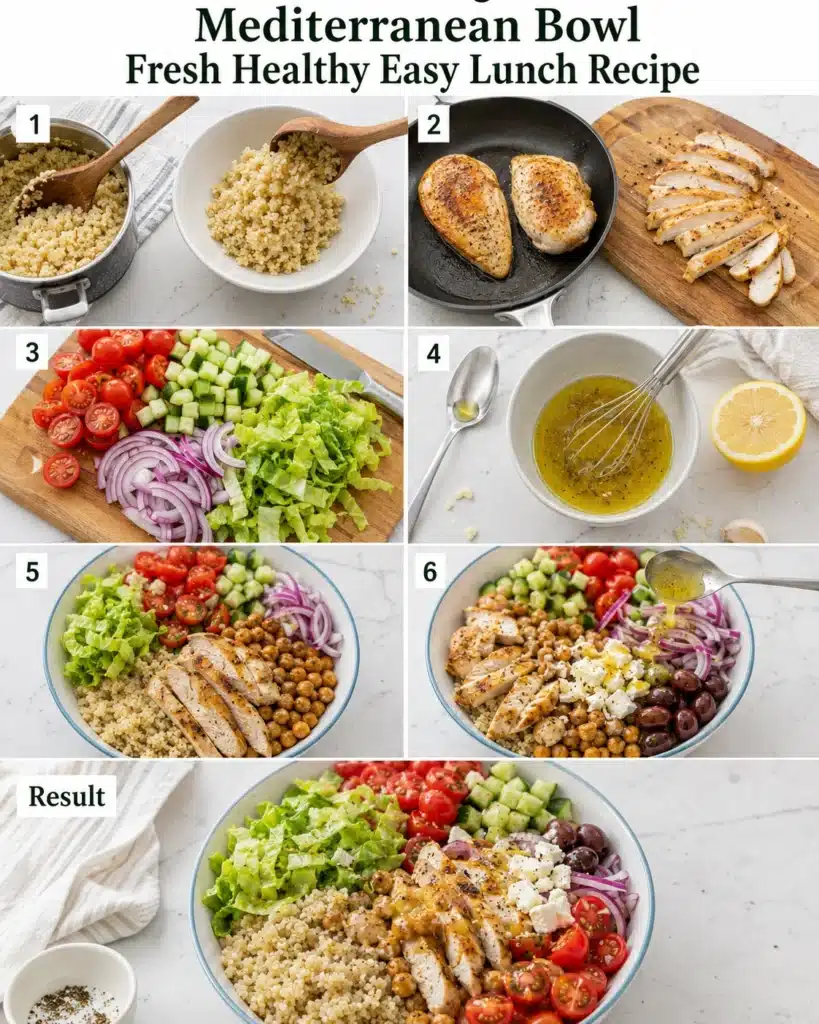 Step by step preparation of a healthy bowl with grains, grilled chicken, vegetables, and dressing