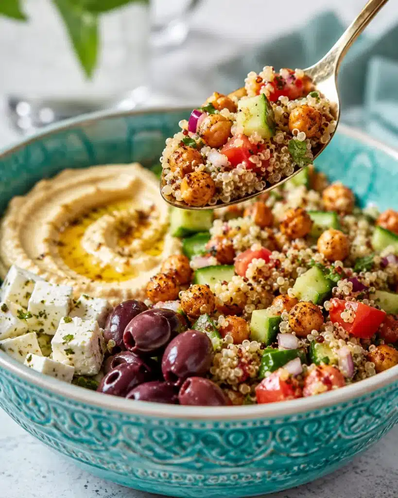 Spoon lifting quinoa salad with chickpeas, cucumber, tomato, and herbs from a fresh bowl