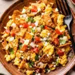 Plate of crispy tortilla pieces mixed with scrambled eggs topped with tomatoes onions and cheese