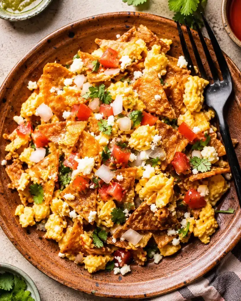 Plate of crispy tortilla pieces mixed with scrambled eggs topped with tomatoes onions and cheese