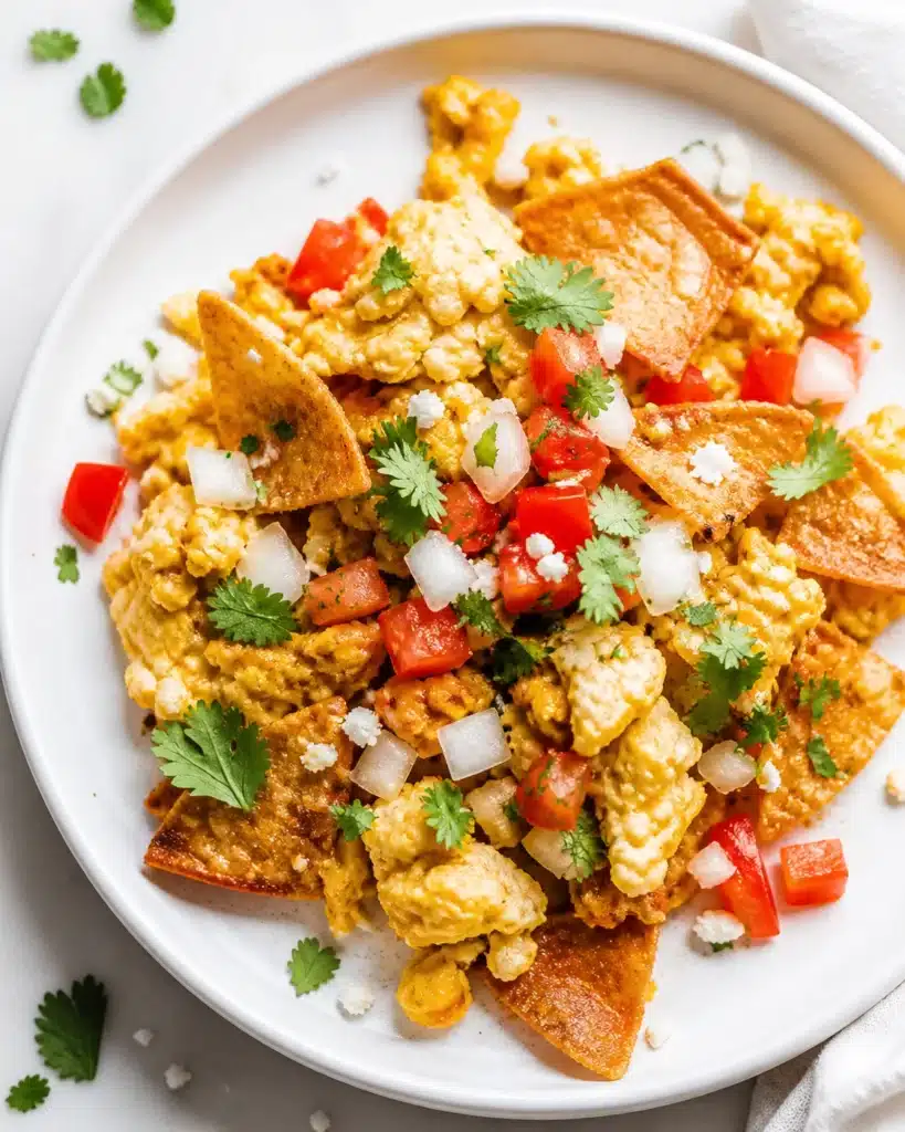 Top view of scrambled eggs with crispy tortilla chips tomatoes onions and cilantro on white plate