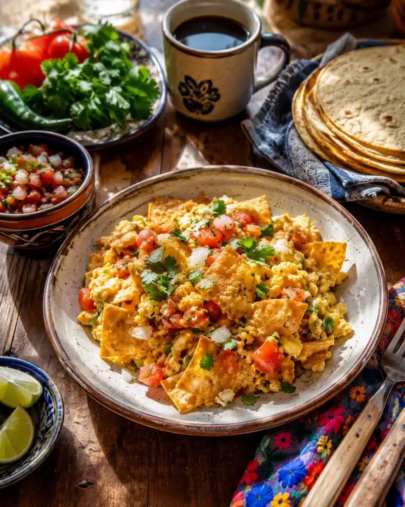 Rustic breakfast plate with scrambled eggs tortilla pieces fresh salsa and coffee on wooden table