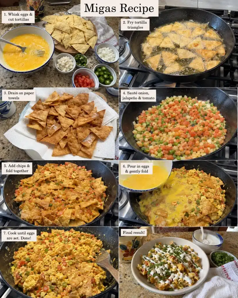 Step by step preparation of tortilla egg breakfast with frying tortillas and cooking vegetables