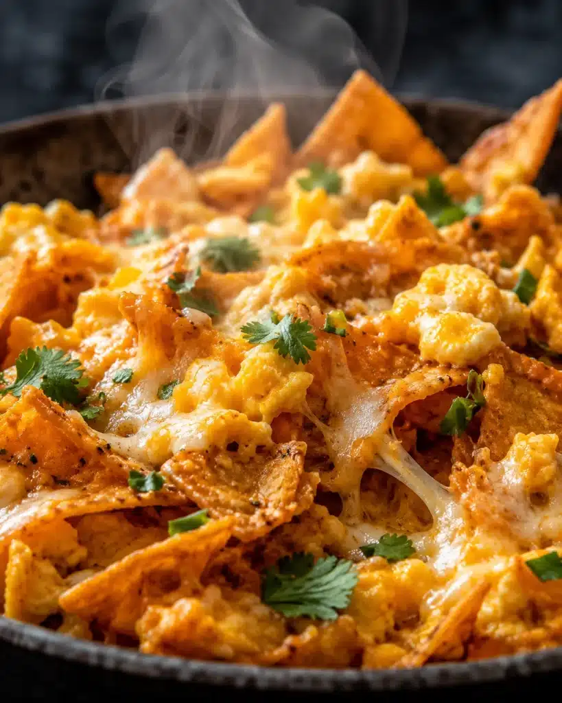 Close up of cheesy scrambled eggs with crispy tortilla pieces and fresh cilantro in a skillet