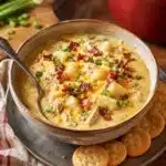 Bowl of creamy chicken soup with potatoes, melted cheese, green onions and crackers on the side