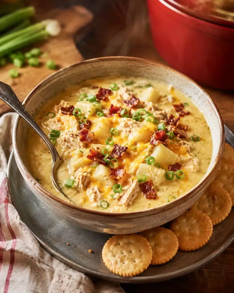 Bowl of creamy chicken soup with potatoes, melted cheese, green onions and crackers on the side