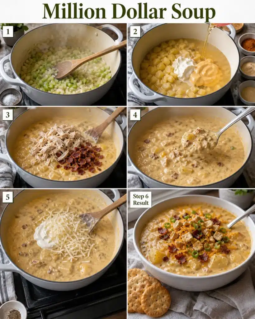 Cooking steps showing vegetables sautéing, creamy base forming, and shredded chicken being added to soup
