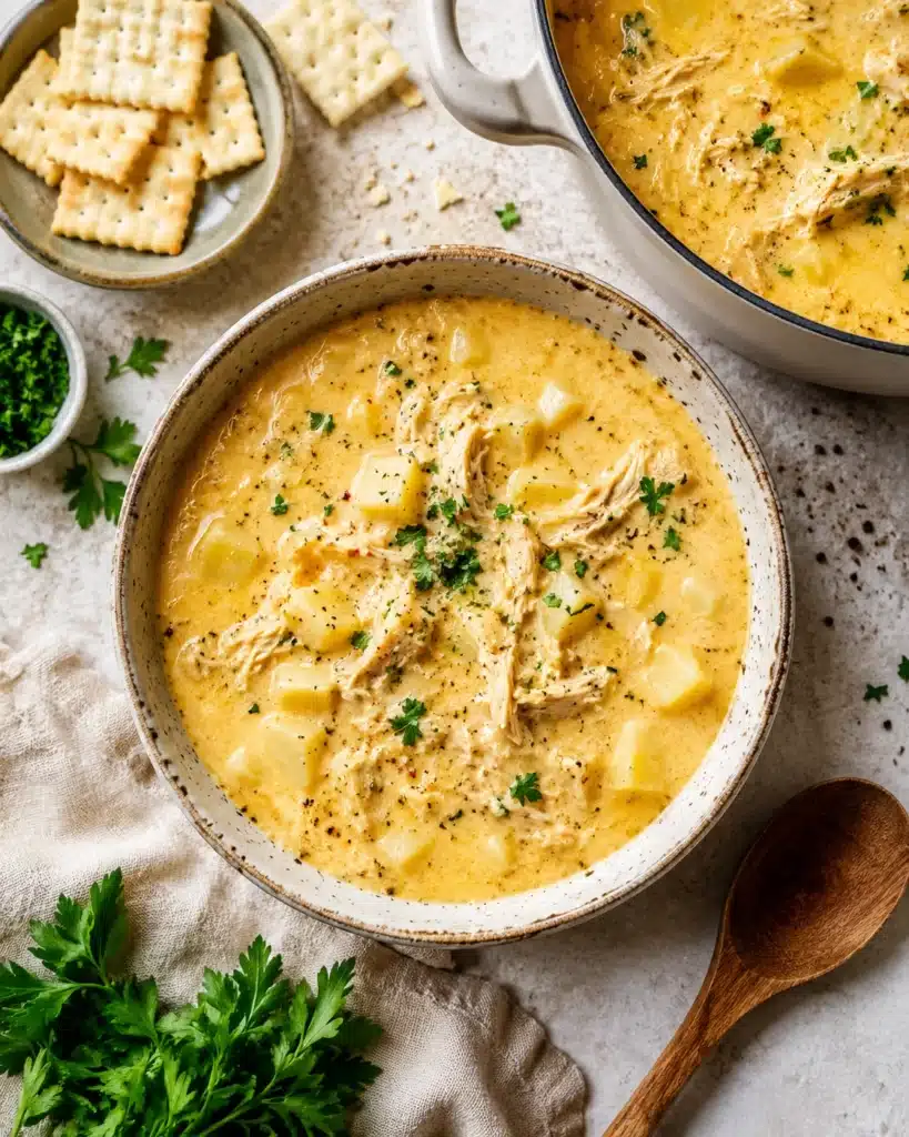 Close up of creamy soup with shredded chicken, potatoes, and herbs in a rustic bowl