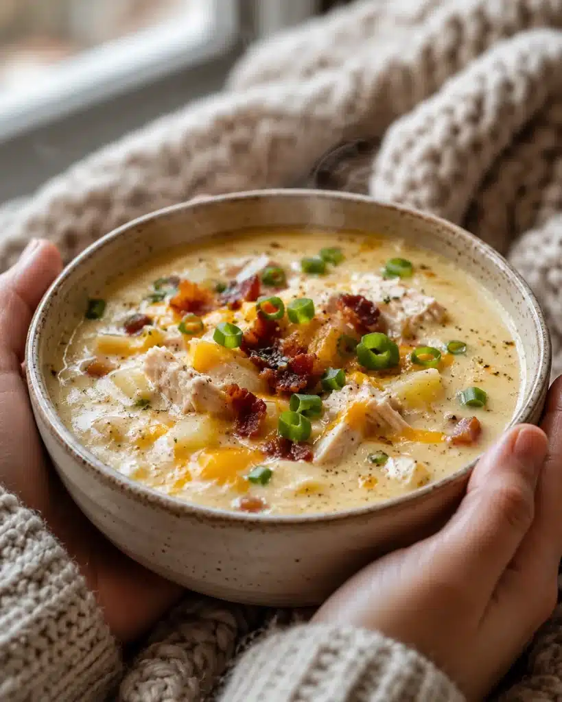 Hands holding a warm bowl of creamy chicken soup topped with green onions and crispy bits