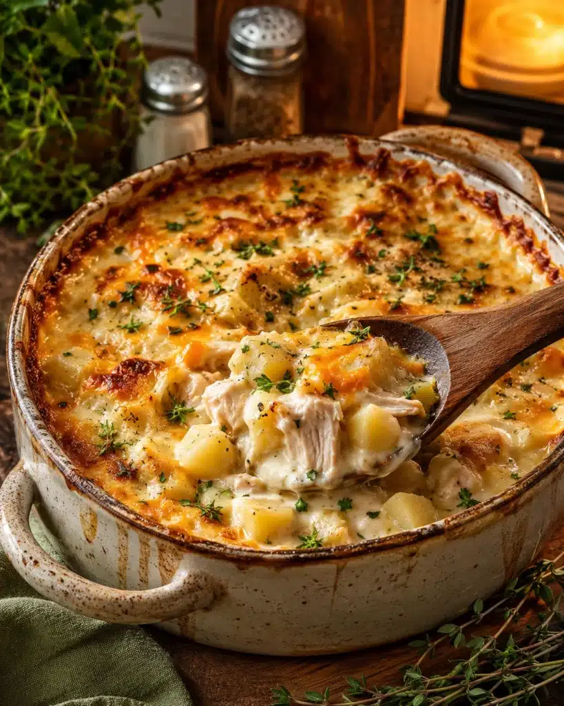 Cheesy baked chicken and potato dish with golden crust being served from a casserole