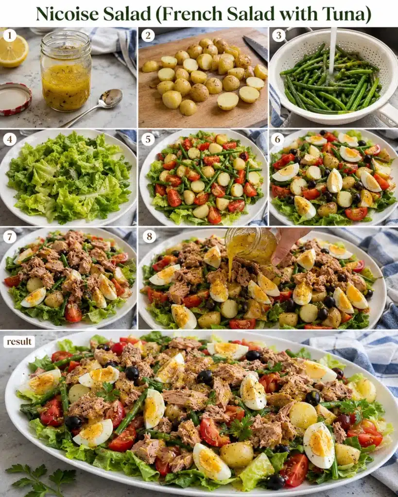 Step by step preparation of tuna salad with potatoes, green beans, and dressing