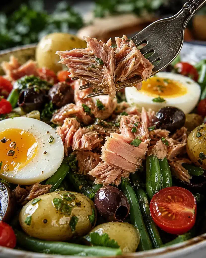 Close up of tuna with soft boiled egg, olives, and green beans