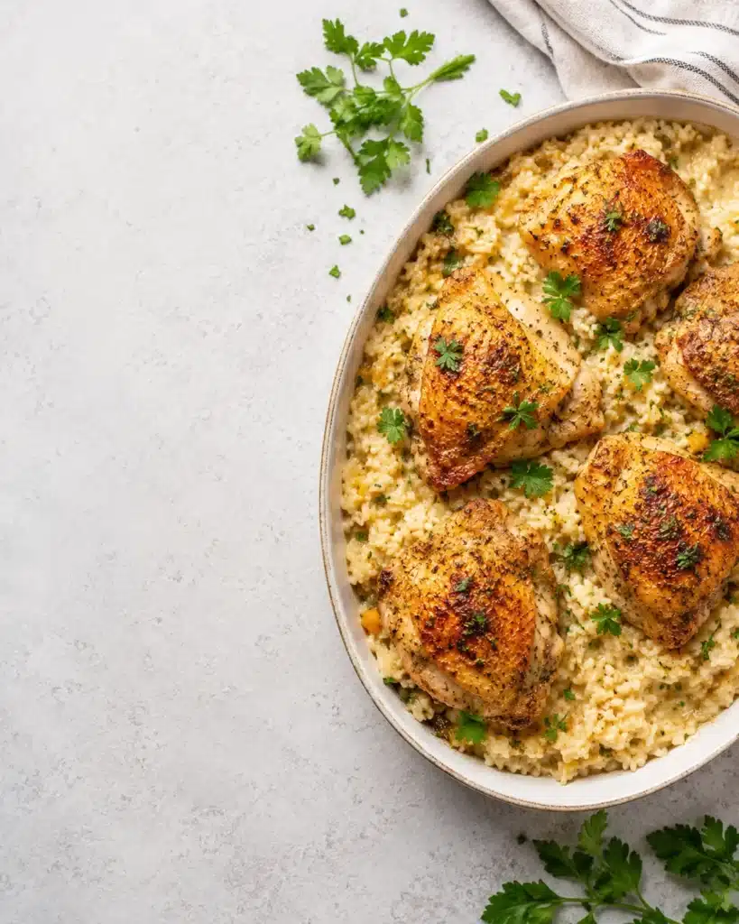 Chicken pieces on creamy rice in a bowl with parsley and minimal background space