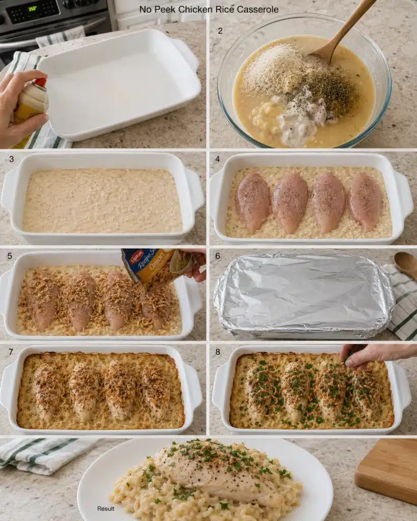 Collage showing step by step preparation of chicken and rice casserole from mixing to baking