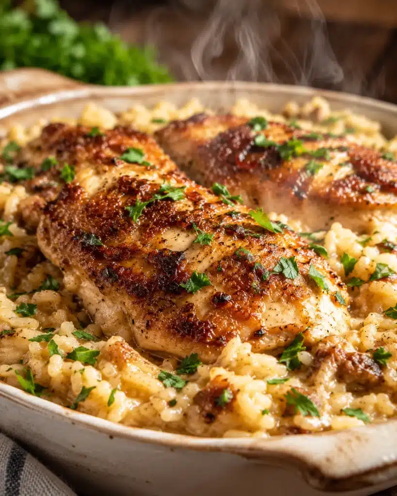 Close up of roasted chicken breast served over creamy rice with parsley and visible steam