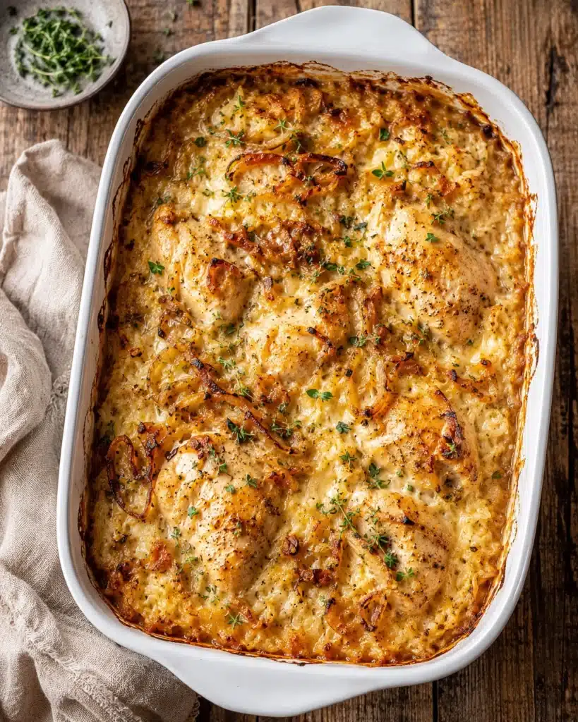 Golden baked chicken with rice and caramelized onions in a white casserole dish on a wooden table