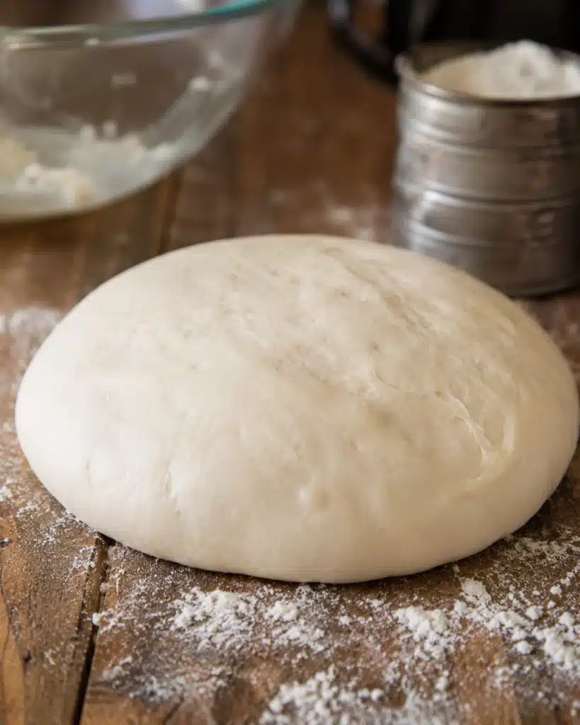 Soft round dough resting on a floured wooden surface with baking tools