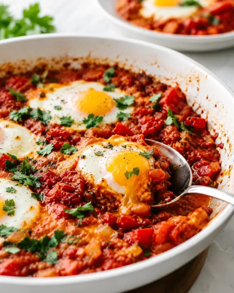 Close up of eggs cooked in tomato sauce with herbs and a spoon lifting a portion