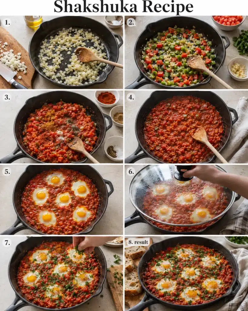 Step by step cooking process showing onions, vegetables, sauce, and eggs in a skillet